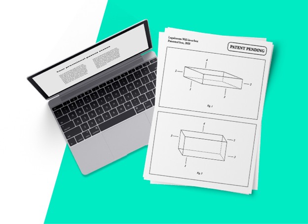 Next to a laptop, a piece of paper featuring the words "patent pending" along with designs for an invention.